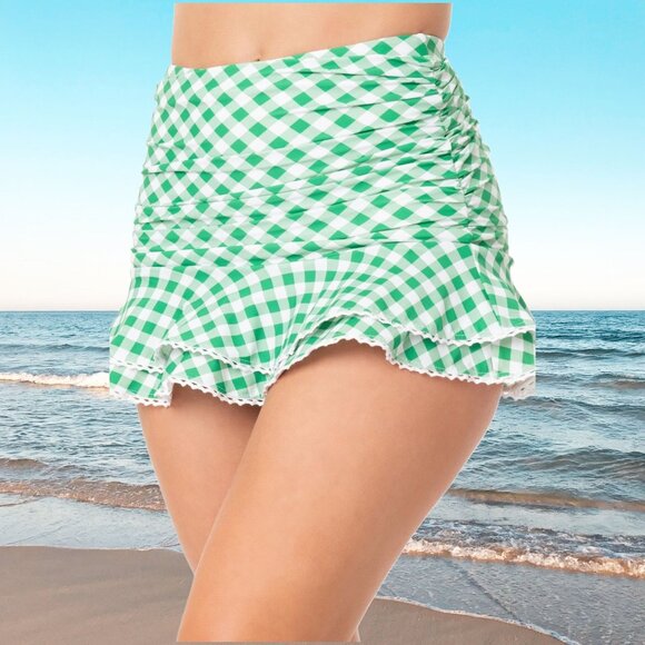 Unique Vintage Matching Set Swimwear Gingham High Bottom Skirt Bikini Top Retro - Picture 5 of 12
